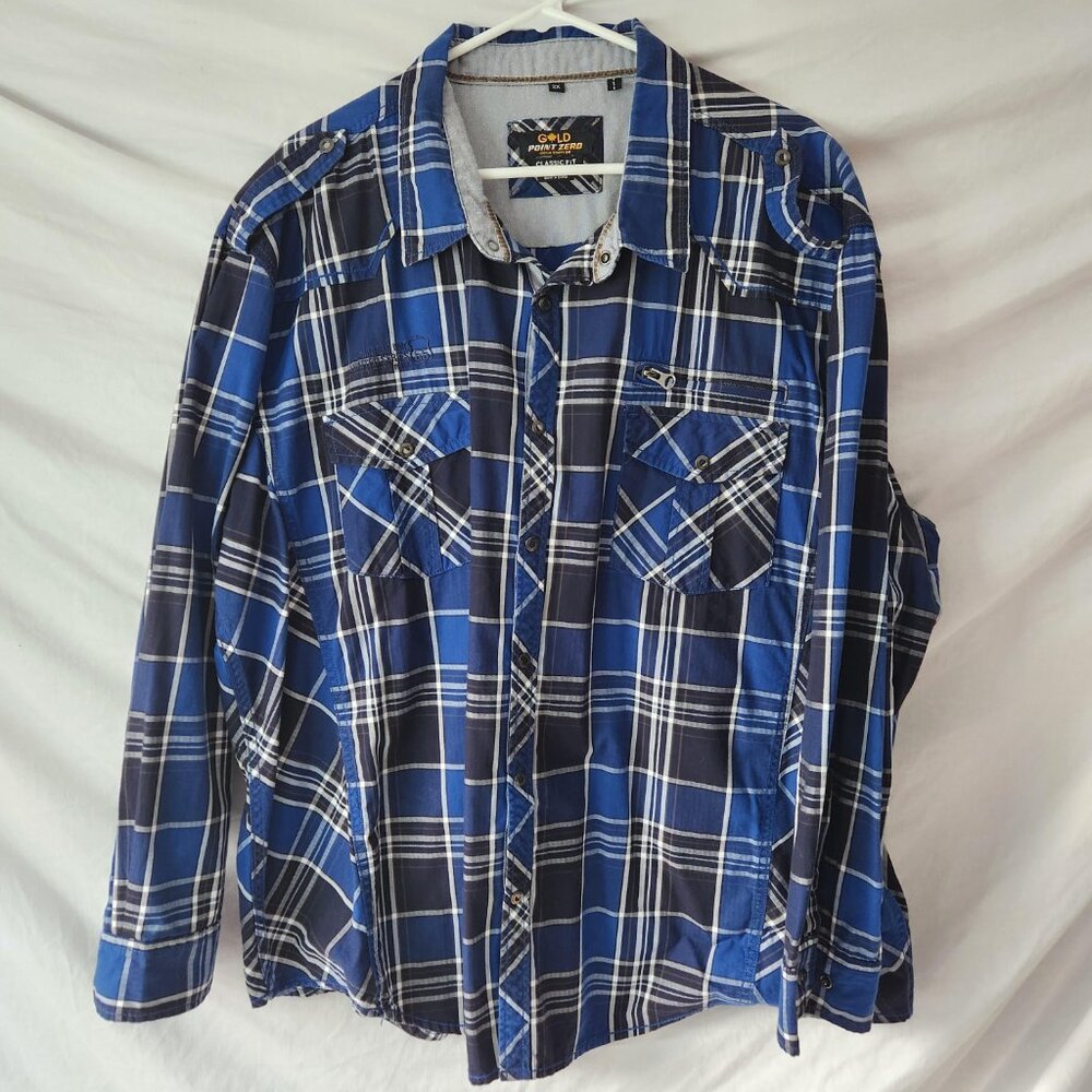 Point Zero Gold Collection Shirt 2XL Blue Black Plaid Snap Front 100% Cotton